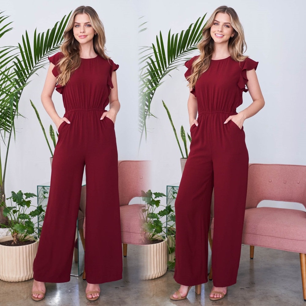 Ina Deep Red Ruffle Sleeve Jumpsuit - Picture 4 of 5